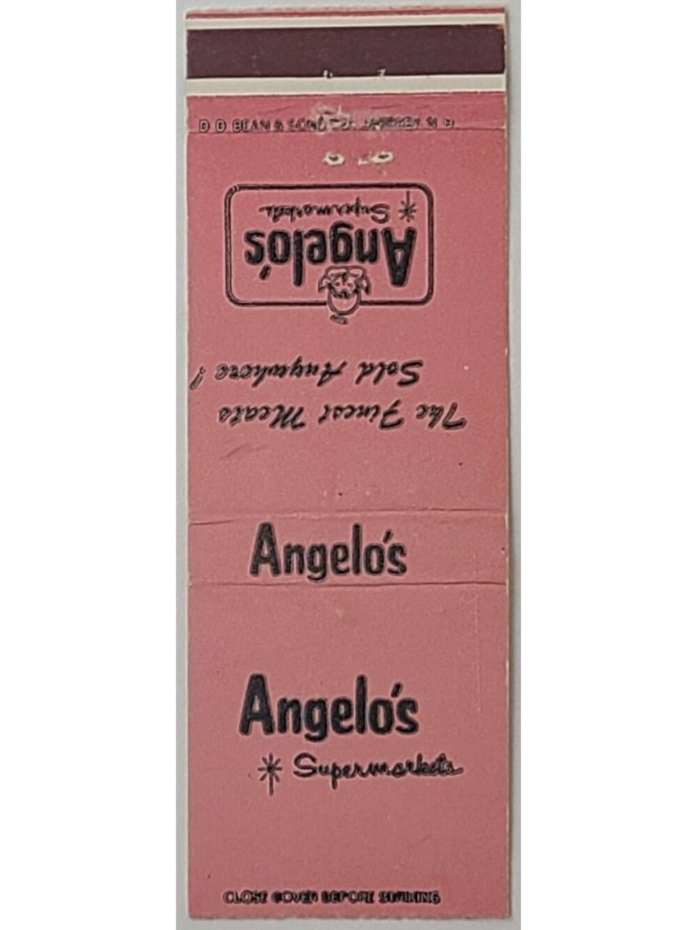 Vintage Matchbook Cover Angelos Supermarket Staff Brand Grocery Advertising Pink